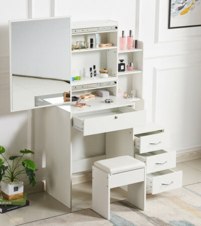 Modern Vanity Dressing Table A modern vanity dressing table creates a dedicated space for your daily grooming routine. It suits bedrooms, dressing rooms, and personal care areas. Its contemporary design can complement different interior styles while helping you keep your essentials organized. Whether you are preparing for work or getting ready for an event, a vanity dressing table offers a convenient place for personal grooming. Pair it with a matching chair or stool to complete your setup. Contemporary Style for Your Bedroom A modern vanity dressing table adds a stylish touch to your bedroom. Its simple appearance blends well with contemporary furniture and different room layouts. Place it beside a wall where you have enough space to sit comfortably. You can also coordinate it with your wardrobe, bed frame, and bedside cabinet for a consistent bedroom look. Keep Your Essentials Organized A dressing table gives you a dedicated surface for everyday beauty and grooming products. Depending on the model, its drawers or compartments may hold makeup, skincare items, jewellery, and hair accessories. Organizing these items in one place makes them easier to find. It also helps keep your bedroom surfaces tidy and free from unnecessary clutter. A Practical Grooming Space Use your modern vanity dressing table for skincare, makeup application, and other personal care routines. You can arrange perfumes, brushes, and frequently used accessories on the tabletop. For added convenience, choose a suitable mirror and comfortable chair if the model does not include them. Good lighting can also make your grooming area easier to use. Choose the Right Design Before purchasing, check the dressing table's dimensions, material, colour, storage layout, and mirror configuration. These details can vary between models. Choose a size that fits your available space and allows easy movement around the room. With thoughtful placement, a modern vanity dressing table can help create an attractive and organized bedroom.