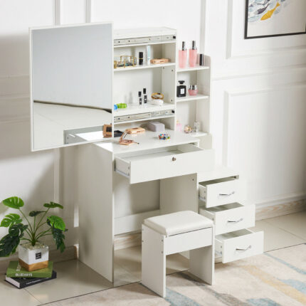 Modern Vanity Dressing Table A modern vanity dressing table creates a dedicated space for your daily grooming routine. It suits bedrooms, dressing rooms, and personal care areas. Its contemporary design can complement different interior styles while helping you keep your essentials organized. Whether you are preparing for work or getting ready for an event, a vanity dressing table offers a convenient place for personal grooming. Pair it with a matching chair or stool to complete your setup. Contemporary Style for Your Bedroom A modern vanity dressing table adds a stylish touch to your bedroom. Its simple appearance blends well with contemporary furniture and different room layouts. Place it beside a wall where you have enough space to sit comfortably. You can also coordinate it with your wardrobe, bed frame, and bedside cabinet for a consistent bedroom look. Keep Your Essentials Organized A dressing table gives you a dedicated surface for everyday beauty and grooming products. Depending on the model, its drawers or compartments may hold makeup, skincare items, jewellery, and hair accessories. Organizing these items in one place makes them easier to find. It also helps keep your bedroom surfaces tidy and free from unnecessary clutter. A Practical Grooming Space Use your modern vanity dressing table for skincare, makeup application, and other personal care routines. You can arrange perfumes, brushes, and frequently used accessories on the tabletop. For added convenience, choose a suitable mirror and comfortable chair if the model does not include them. Good lighting can also make your grooming area easier to use. Choose the Right Design Before purchasing, check the dressing table's dimensions, material, colour, storage layout, and mirror configuration. These details can vary between models. Choose a size that fits your available space and allows easy movement around the room. With thoughtful placement, a modern vanity dressing table can help create an attractive and organized bedroom.